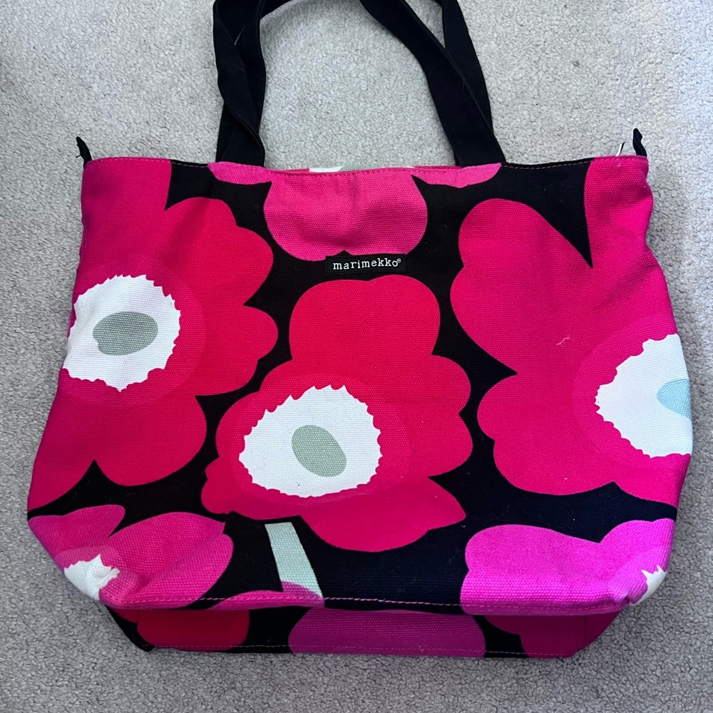 Marimekko Pink and Black Floral Tote Bag